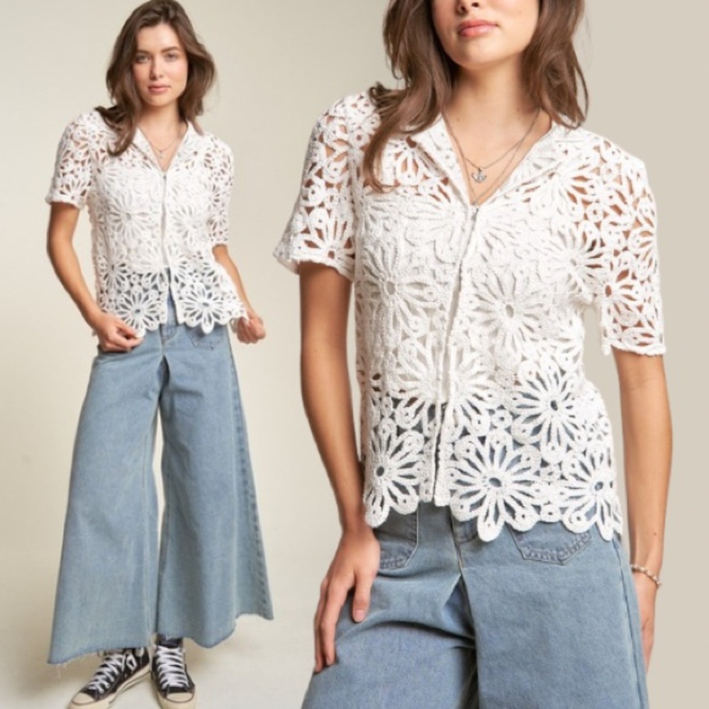 CHARMING CROCHET LACE NOTCHED COLLAR SHORT SLEEVE SCALLOP HEM COVER-UP TOP